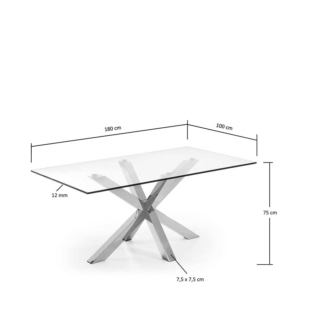 Design Glastisch Hihat mit Edelstahl Kreuz Gestell