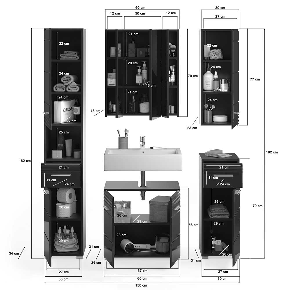Badezimmer Möbelblock in Schwarz - Culina (fünfteilig)
