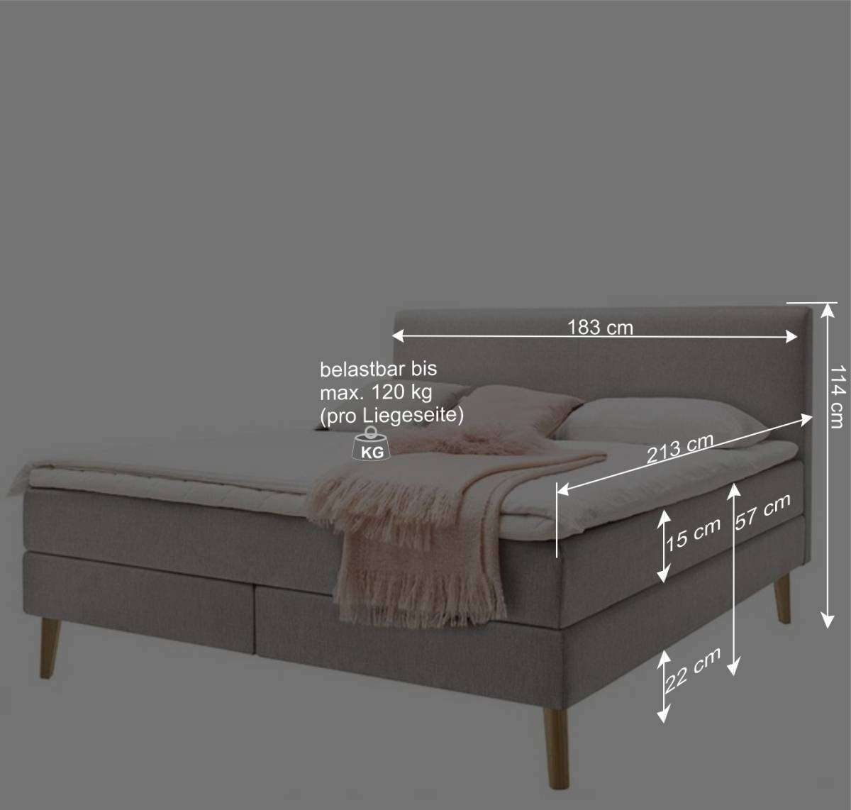 Komplettes Polsterbett mit Boxspring in Grau - Arsizion