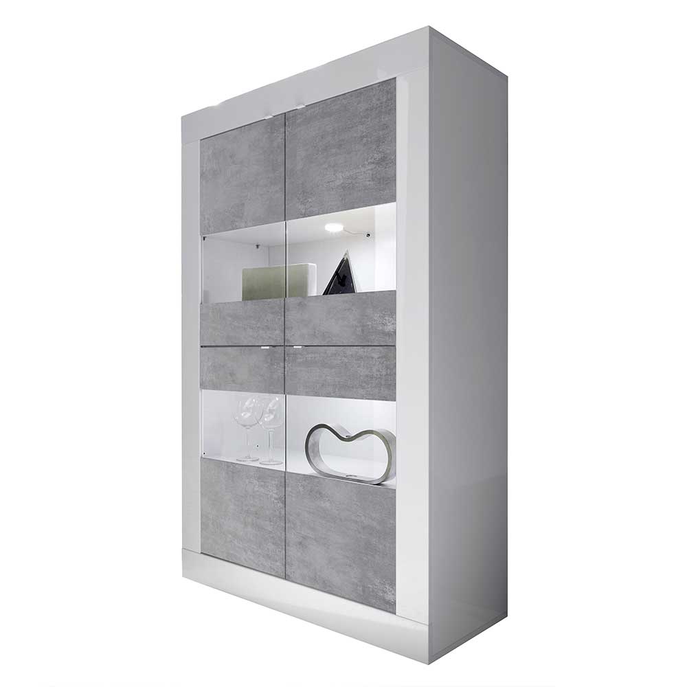 Highboard Vitrine in Beton Optik & Weiß HG - Narandu