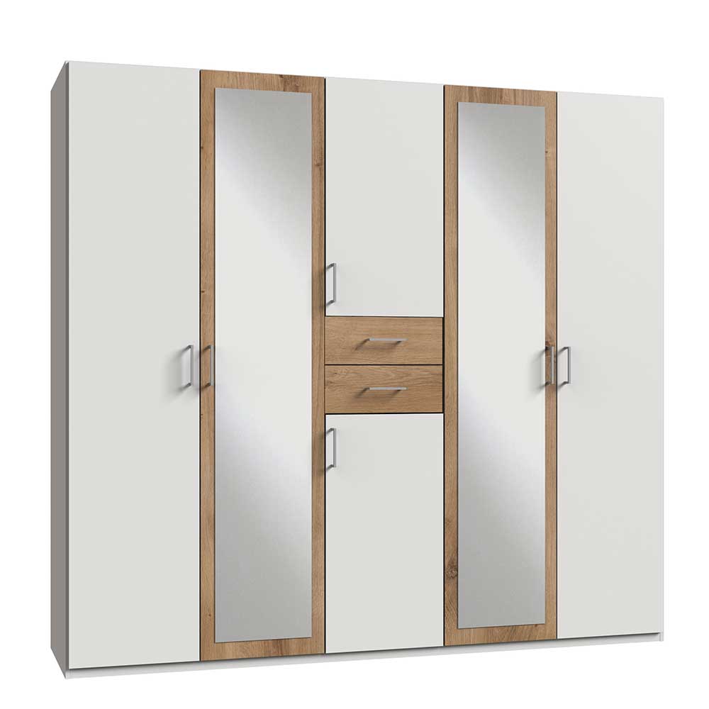 Weißer Kleiderschrank mit Plankeneiche 225 cm breit - Leela