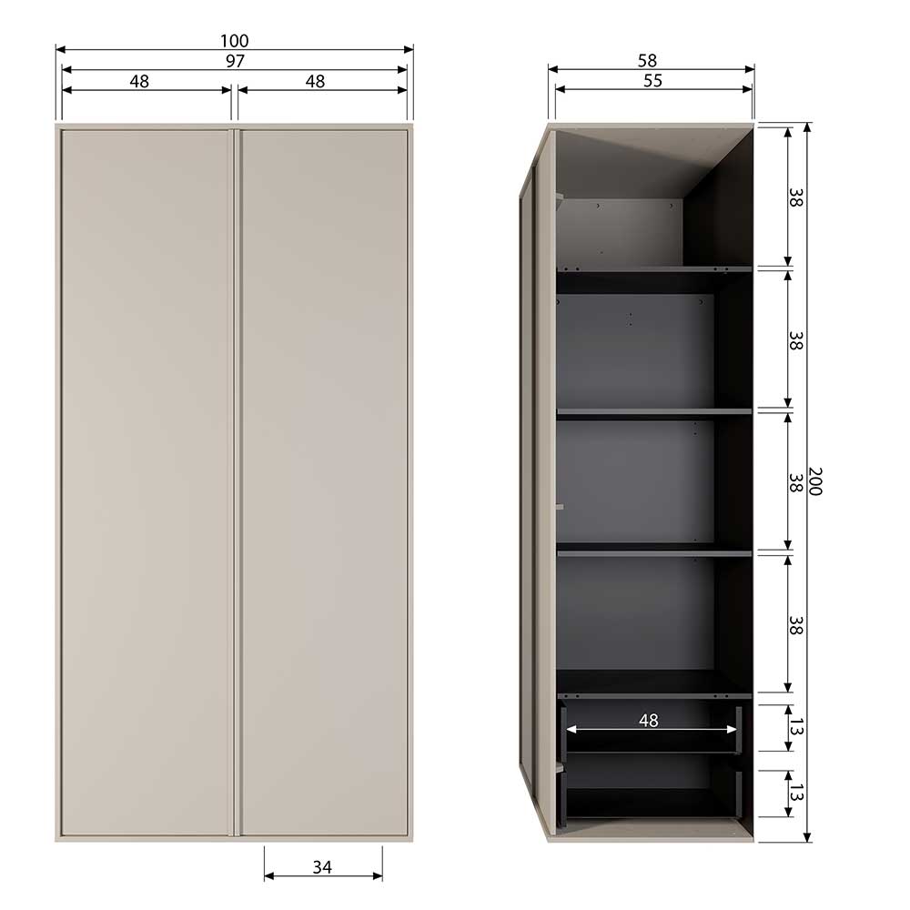 100x200x58 Kleiderschrank aus Kiefer in Grau - Career