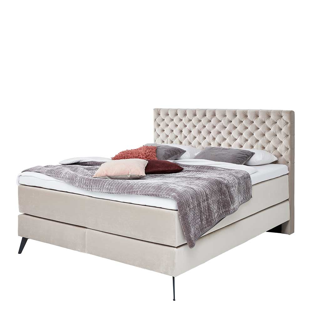 Samtbett mit Boxspring in Beige - Ruby