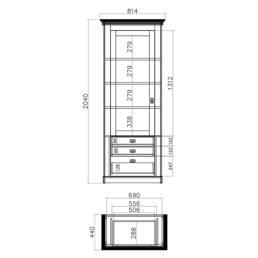 82x204x44 cm Landhaus Vitrine mit Glastür - Diatara