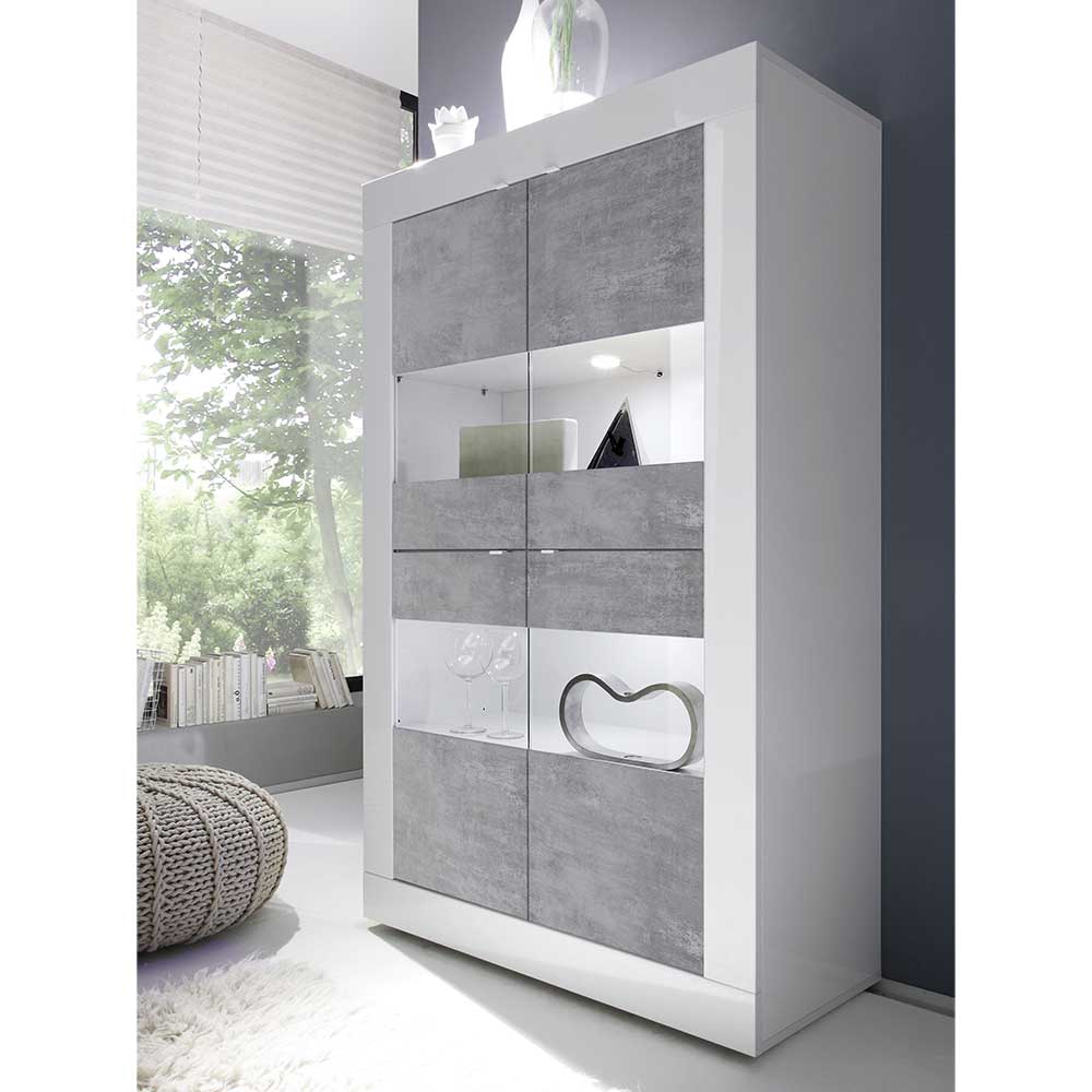 Highboard Vitrine in Beton Optik & Weiß HG - Narandu