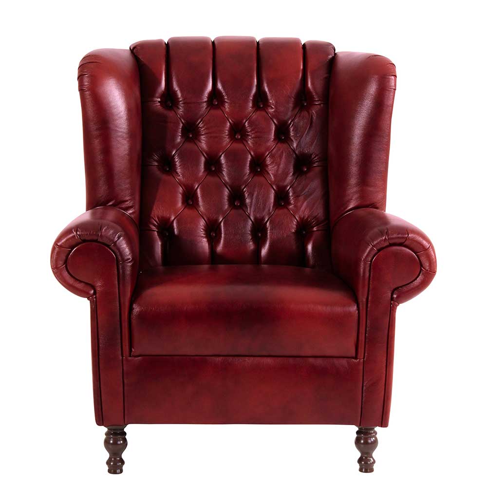 Chesterfield Ohrensessel in Dunkelrot Leder - Guantama