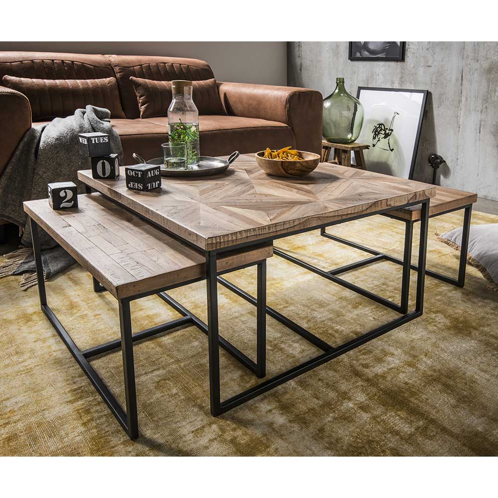 3-Satz Couchtisch aus Teak Altholz - Soline (dreiteilig)