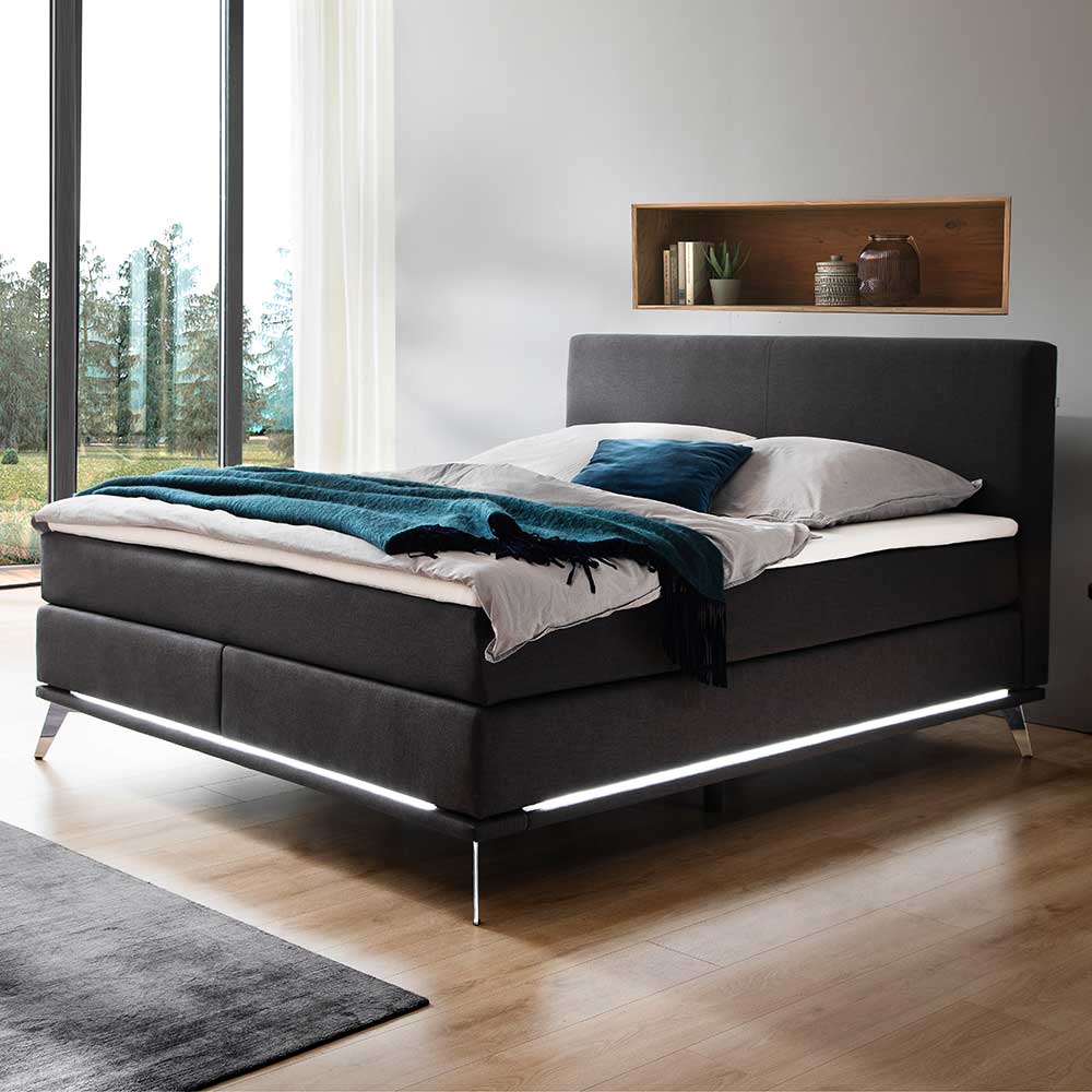 Doppelbett mit Boxspring in Anthrazit & Chrom - Rever