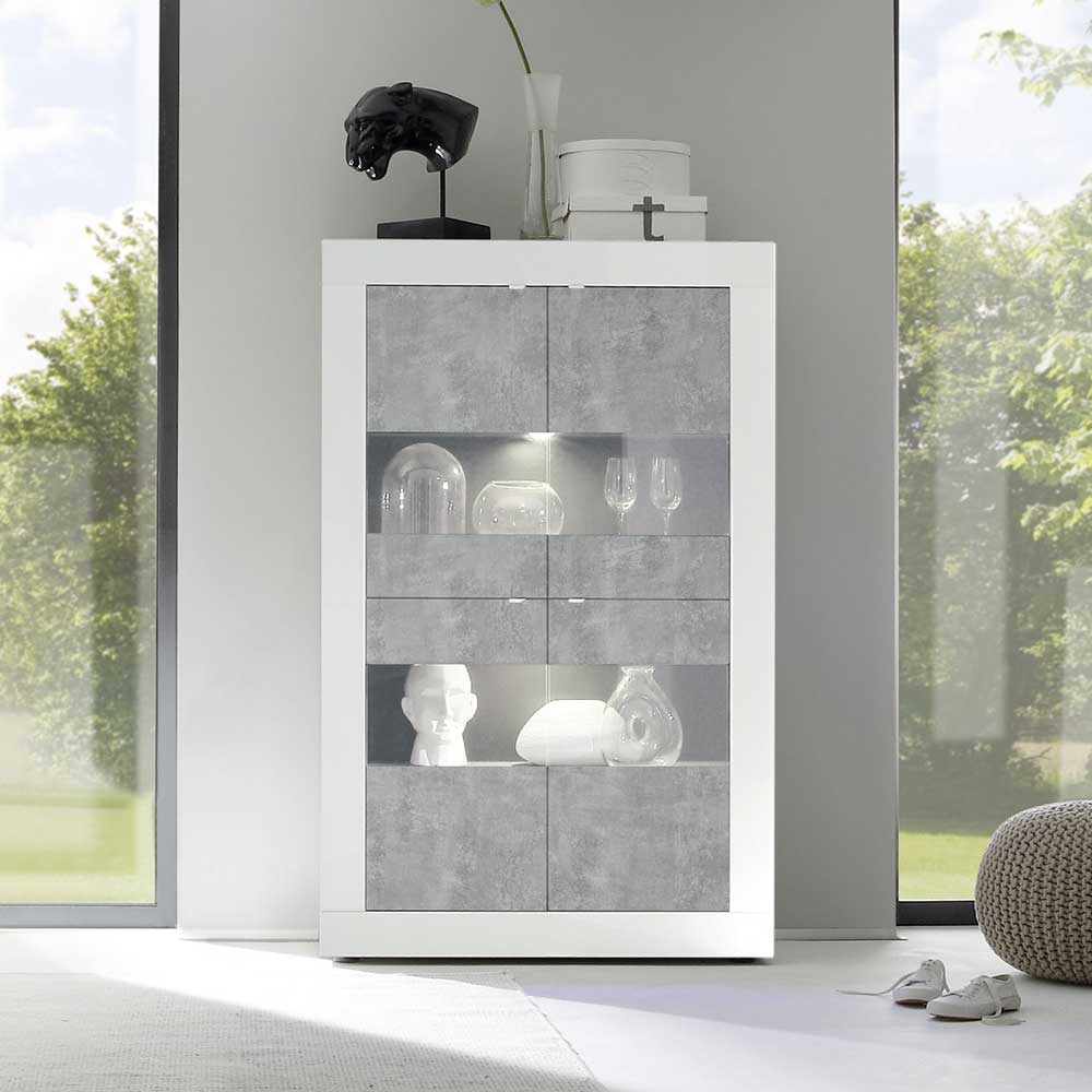 Highboard Vitrine in Beton Optik & Weiß HG - Narandu