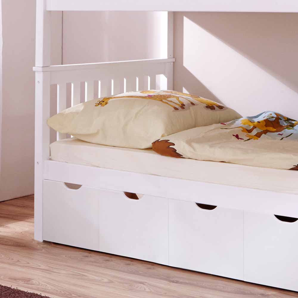 Weißes Stockbett aus Massivholz Kiefer Huelca mit 5 Schubkästen