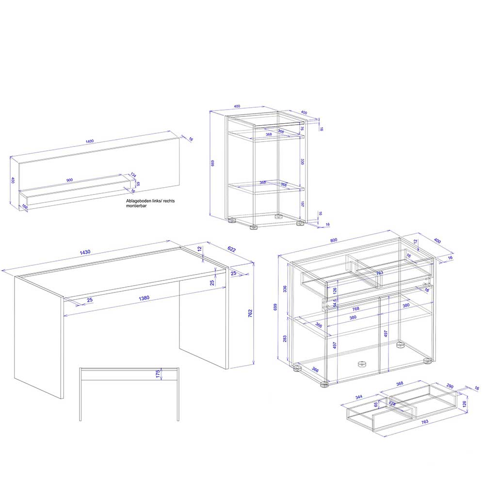 Home Office Arbeitsplatz Set - Ahilav (vierteilig)