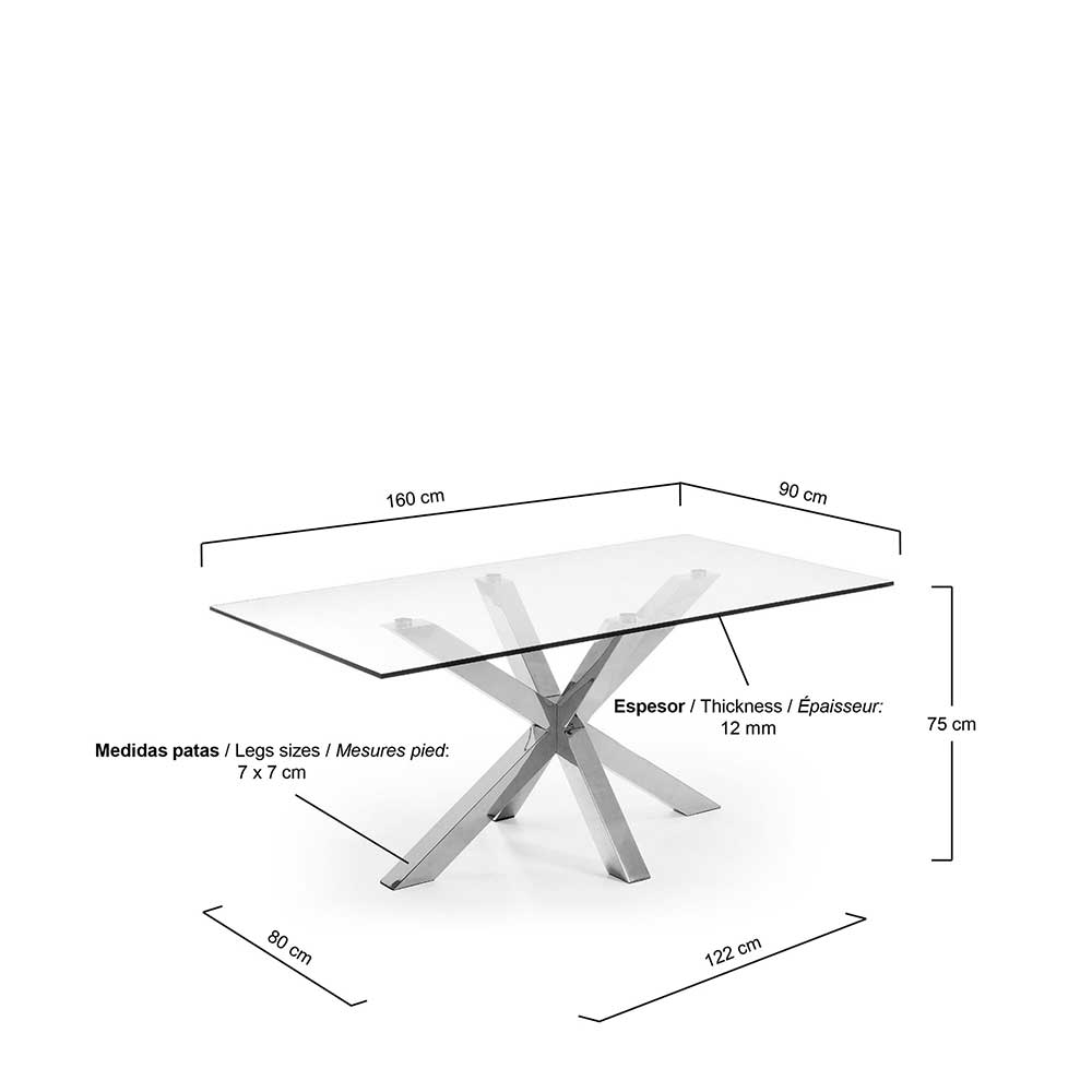 Design Glastisch Hihat mit Edelstahl Kreuz Gestell