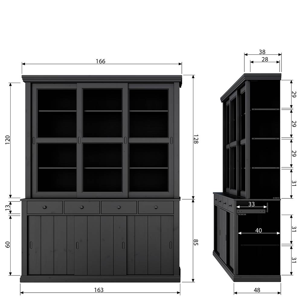 166x215x48 Buffetschrank in Schwarz Kiefer - Nariosca