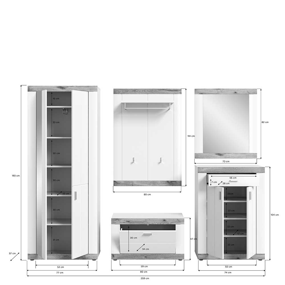 Großes Flurmöbel Set zweifarbig - Hihat (fünfteilig)