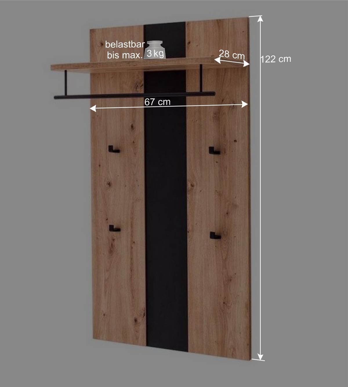 67x122x28 Garderobe in Dunkelgrau & Eiche - Lohira