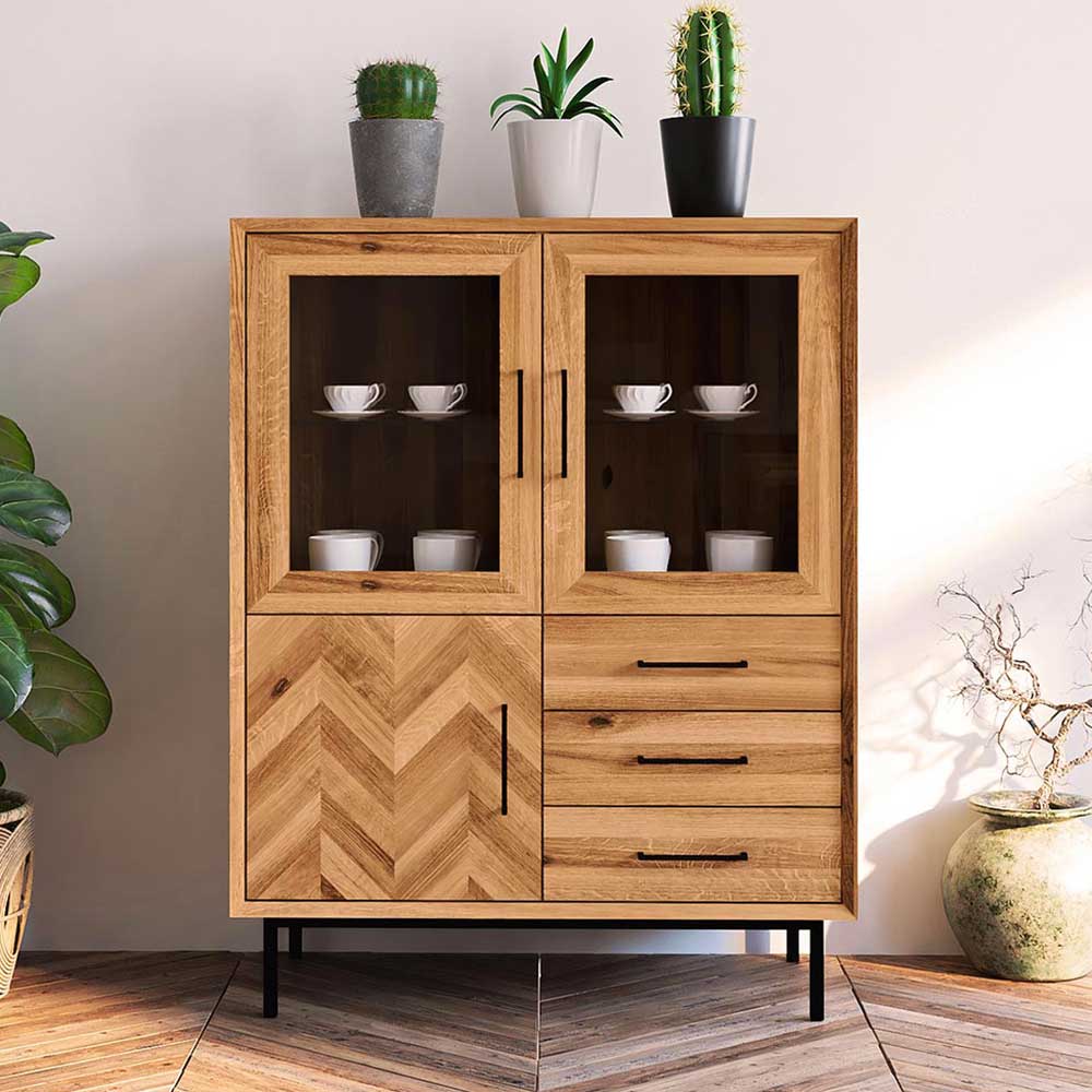 Vitrine Highboard mit 3 Türen & Schubladen - Kerfa