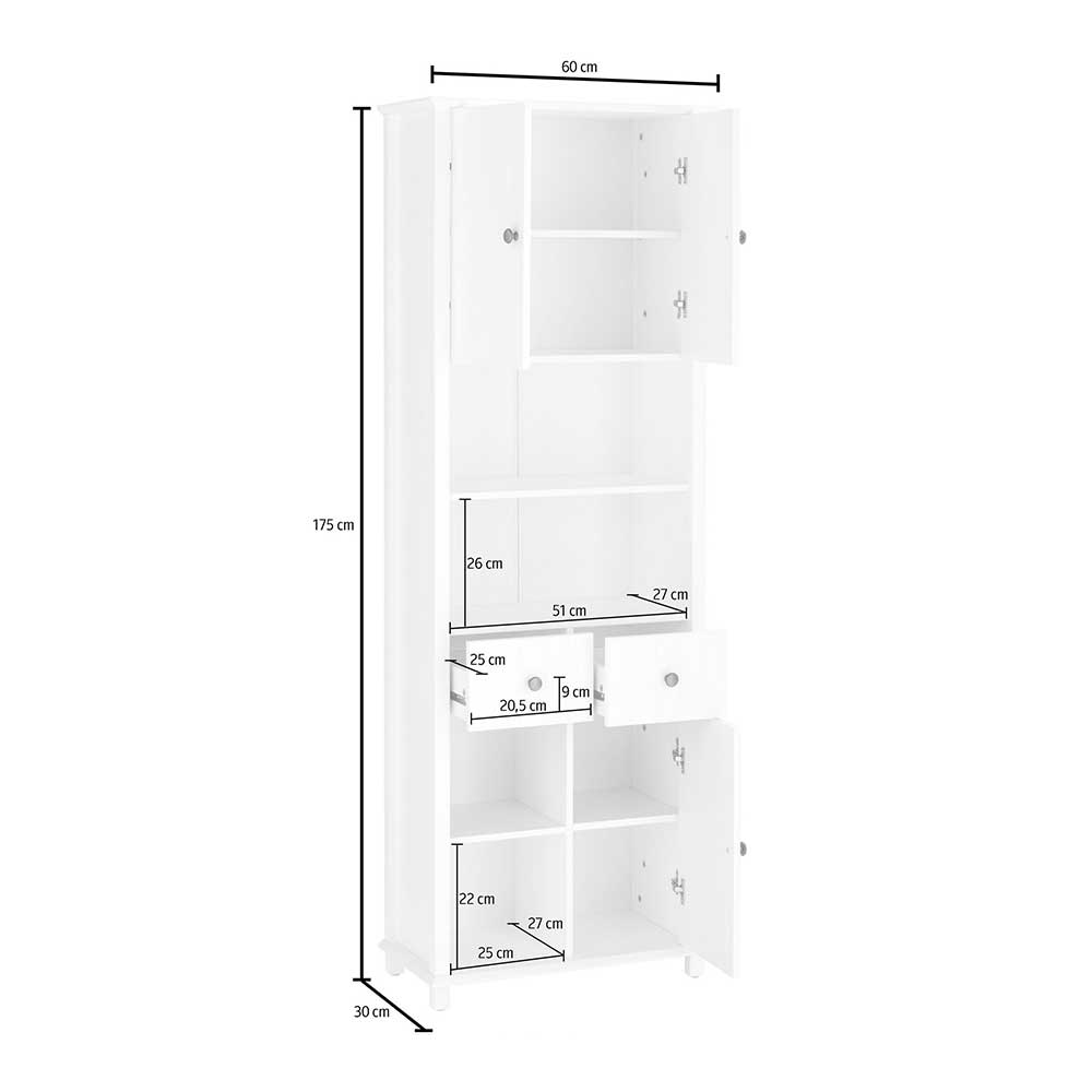 60x175x30 Bad Hochschrank aus Holz Kiefer - Akzinad