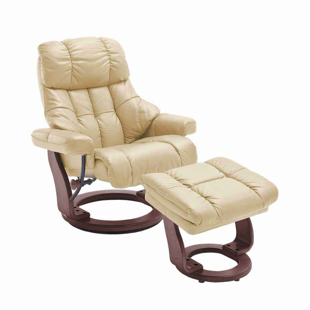 Relax Sessel mit Leder in Creme & Gestell Walnuss Hermine inkl. Hocker (zweiteilig)