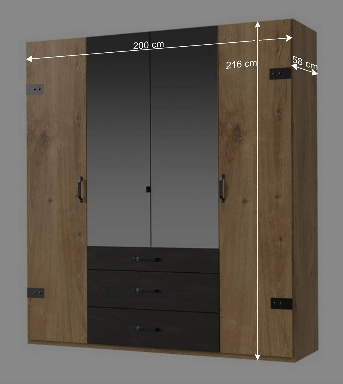 200x216x58 Kombi-Kleiderschrank mit Spiegeln - Bram