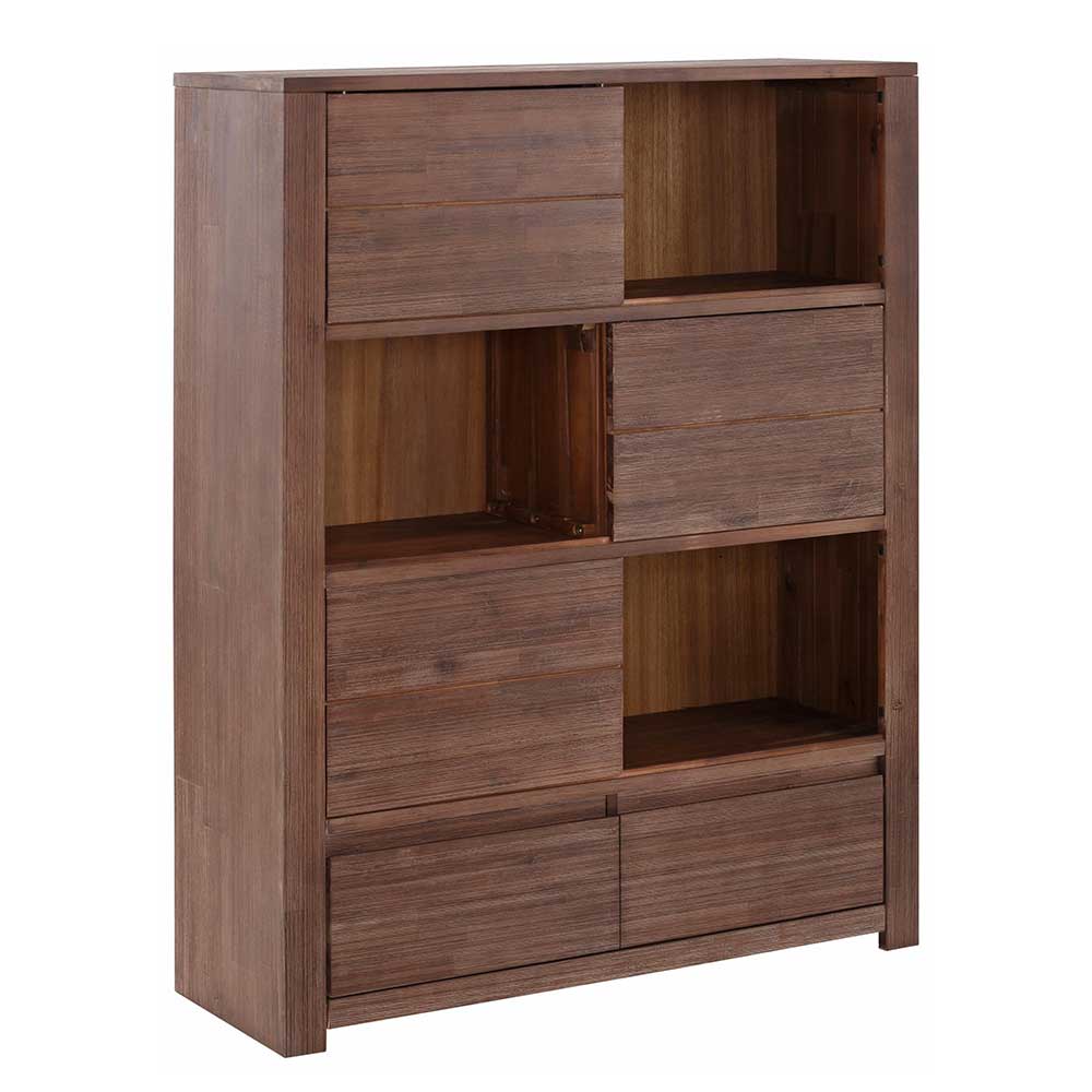 Braunes Akazie Highboard mit 3 Schiebetüren - Ruffes