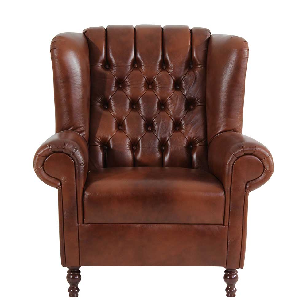 Leder Ohrensessel in Braun Chesterfield - Karim