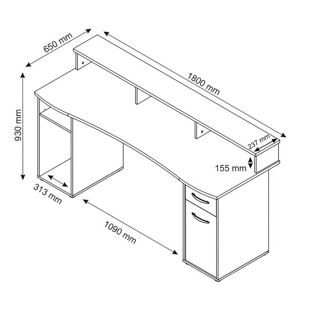 Gaming PC Tisch in Weiß - 180x65 cm - Rotonda