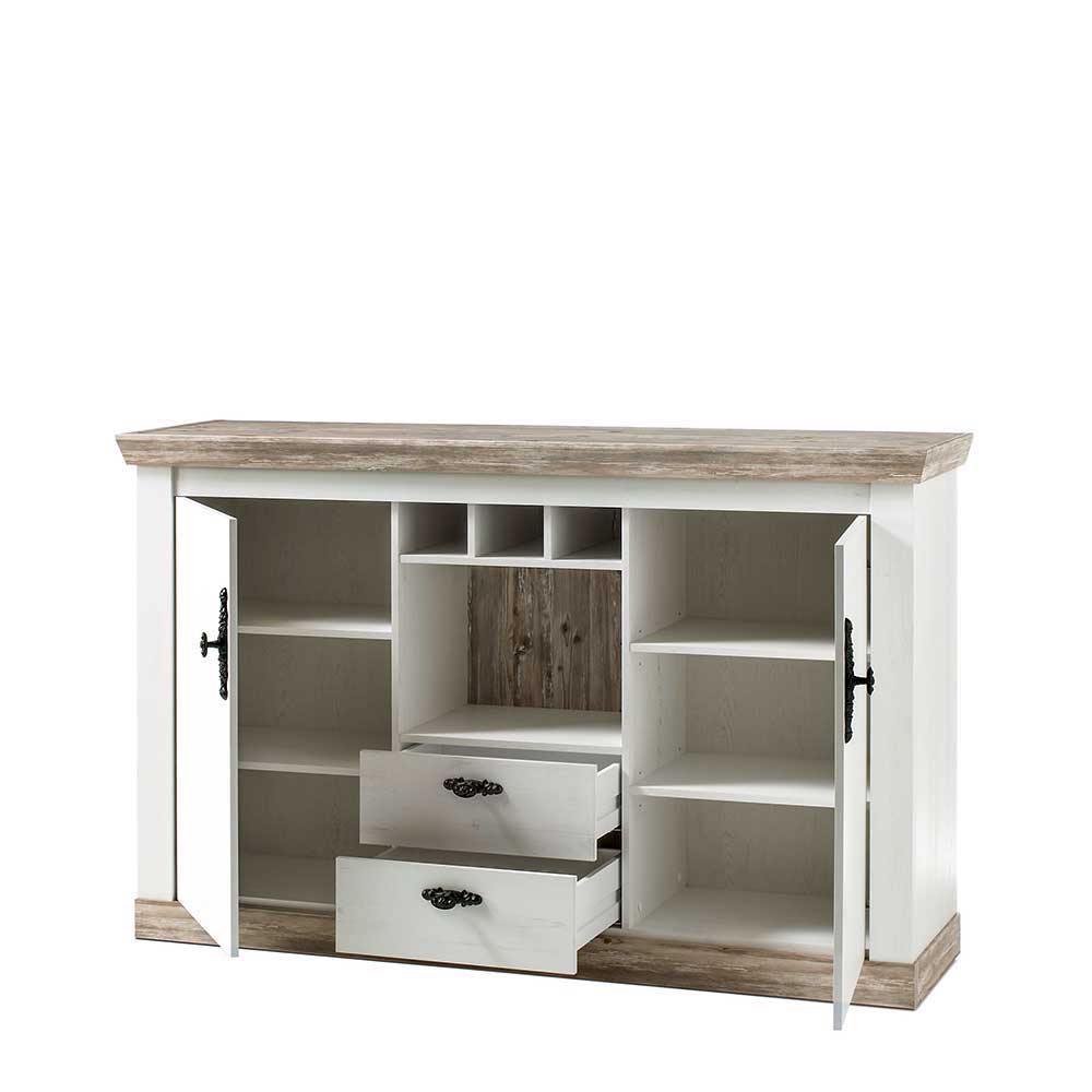 Landhaus Wohnmöbel Set mit Sideboard Nedita in Weiß mit Pinie Shabby (vierteilig)