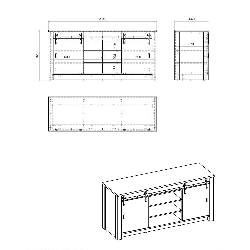 201x93x64 Landhaus Küchenschrank mit Schiebetüren - Eture