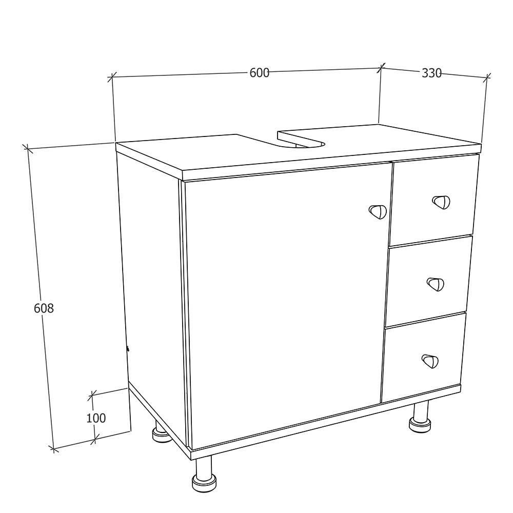 Unterbeckenschrank mit Tür und drei Schubladen - Huanga