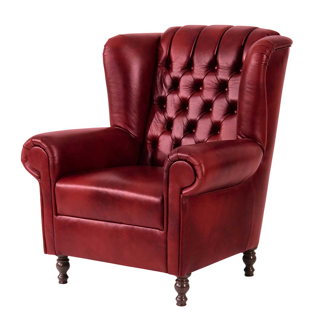 Chesterfield Ohrensessel in Dunkelrot Leder - Guantama