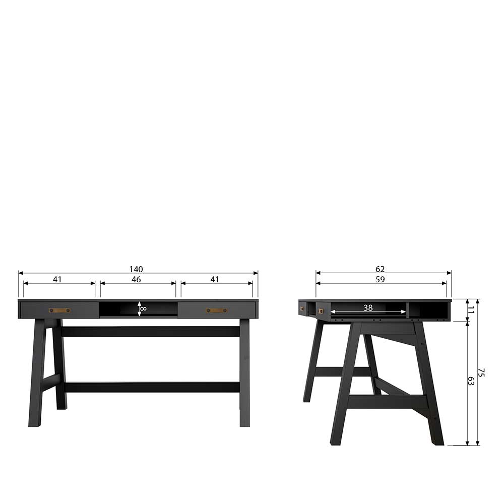 140x62 Kiefernholz Schreibtisch in Schwarz - Ilvessino