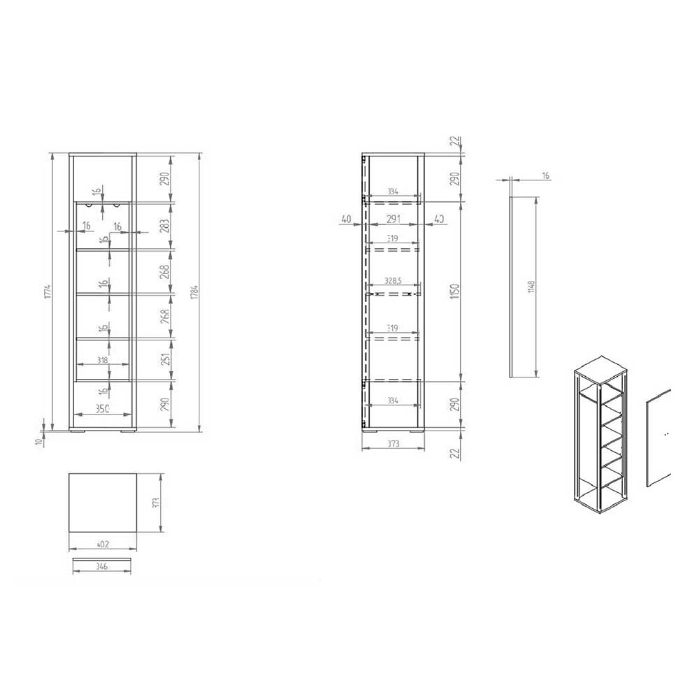 40x178x37 Wohnzimmer Schrank in Grau & Anthrazit - Ridona I