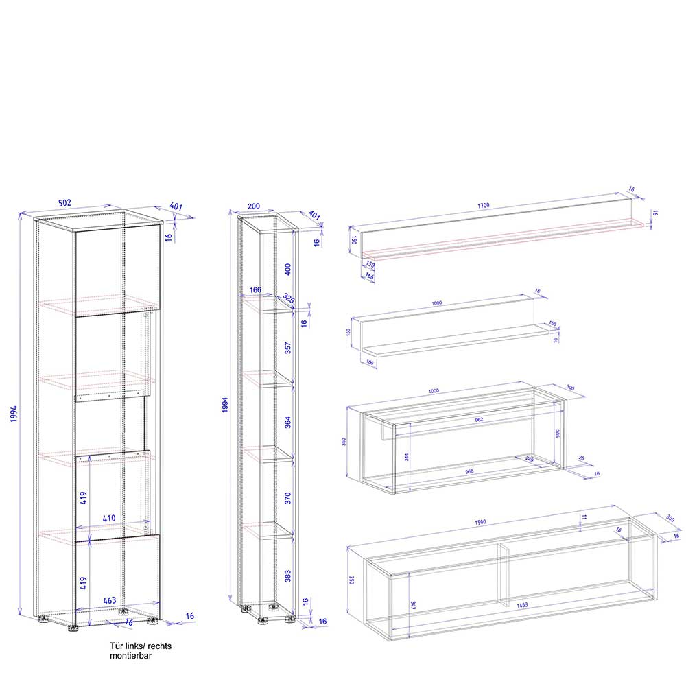 Wohnzimmer TV-Anbauwand Set - Ahilav (sechsteilig)