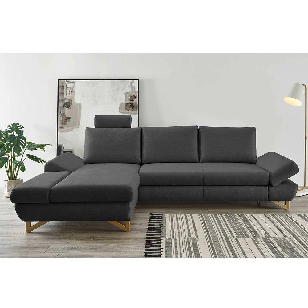 Velours Ecksofa in Anthrazit mit Buche - Baonga