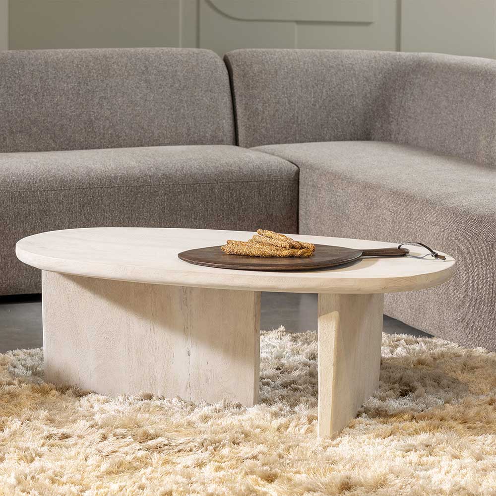 Ovaler Couchtisch in Creme aus Massivholz - Nuvellas