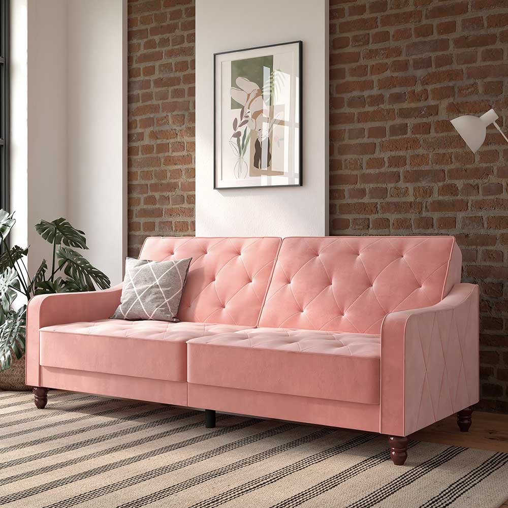 Dreisitzer Schlafcouch in Rosa Samtbezug - Norteba