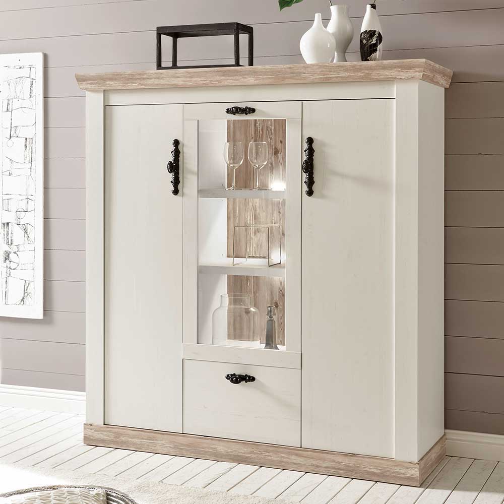 Scandi Landhaus Highboard in Weiß Pinie Shabby Nedita 140 cm breit