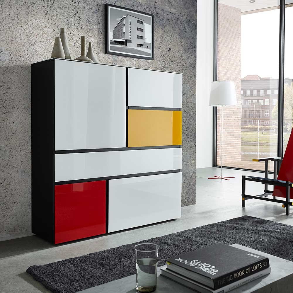 Highboard in Schwarz Weiß Rot Gelb - Sylverta