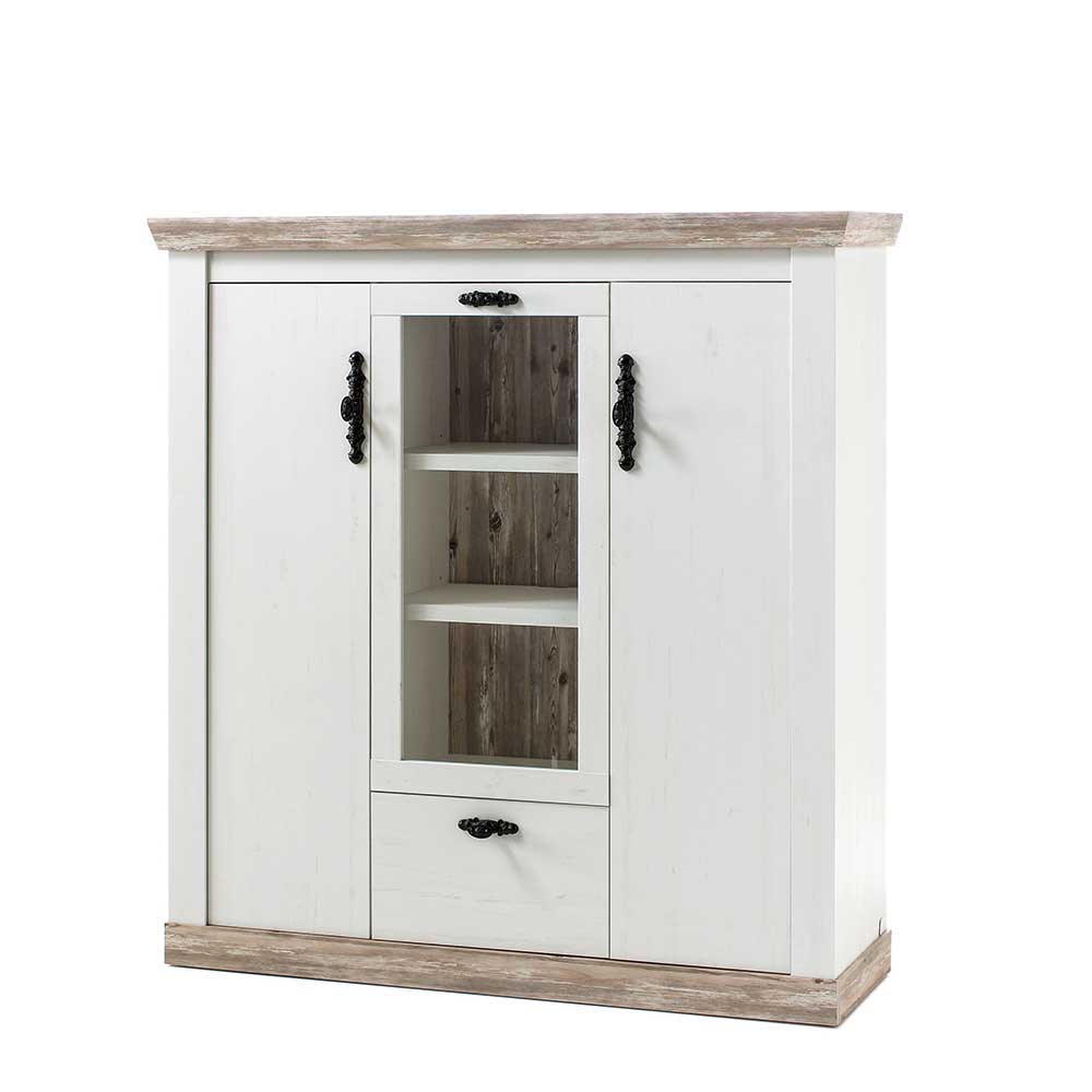 Scandi Landhaus Highboard in Weiß Pinie Shabby Nedita 140 cm breit