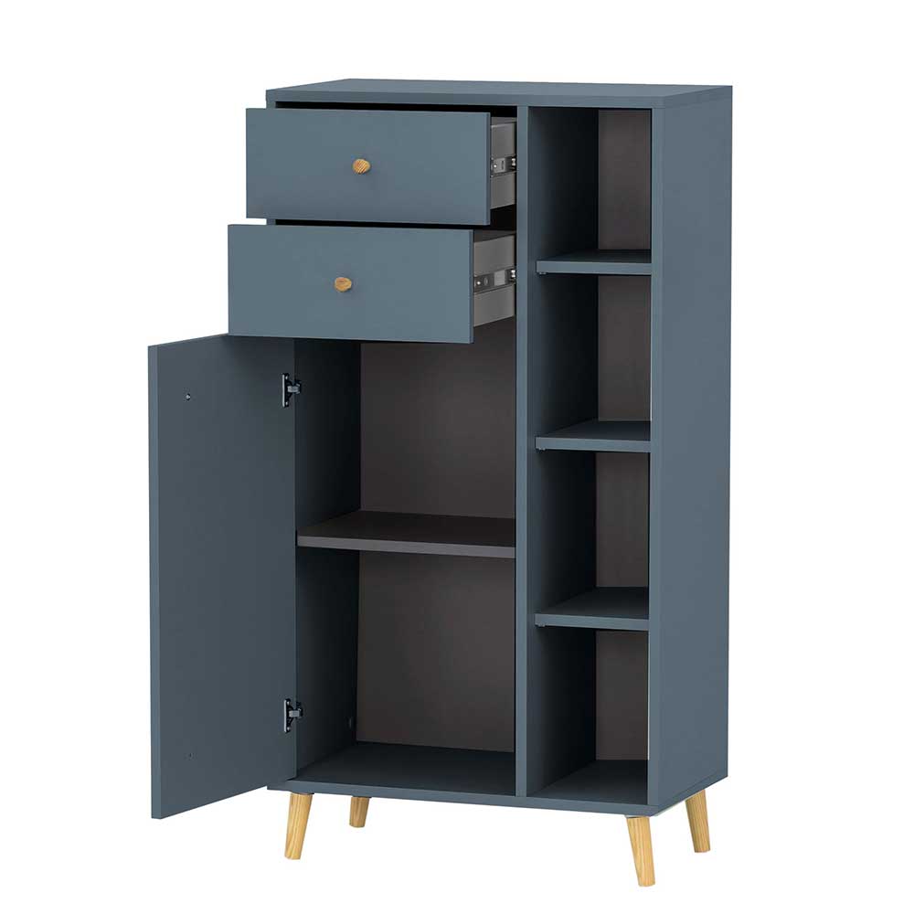 Badezimmer Highboard in Petrol Blau & Eiche - Matrera