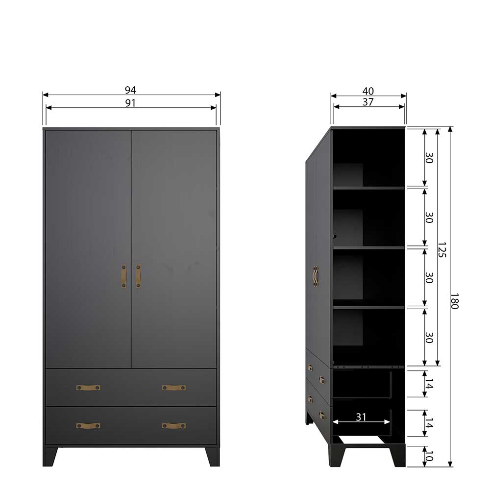 Teilmassiver 94x180x40 Kiefernholz Kleiderschrank in Schwarz - Ilvessino