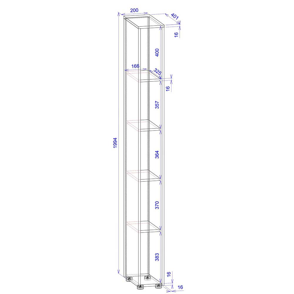 20x200x40 cm Nischenregal mit fünf Fächern - Nonessia