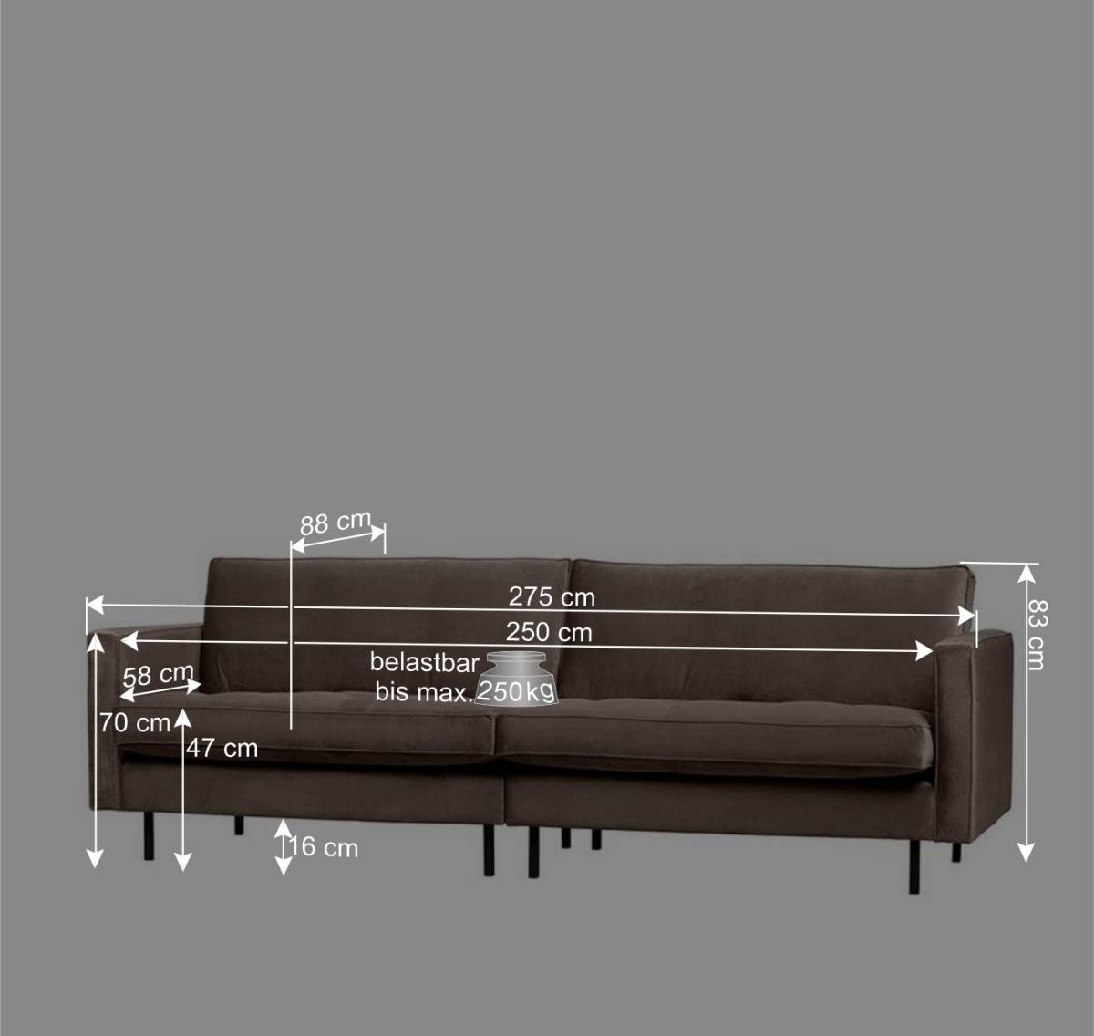 275x83x88 Sofa mit blauem Bezug aus Samt - Cumagon