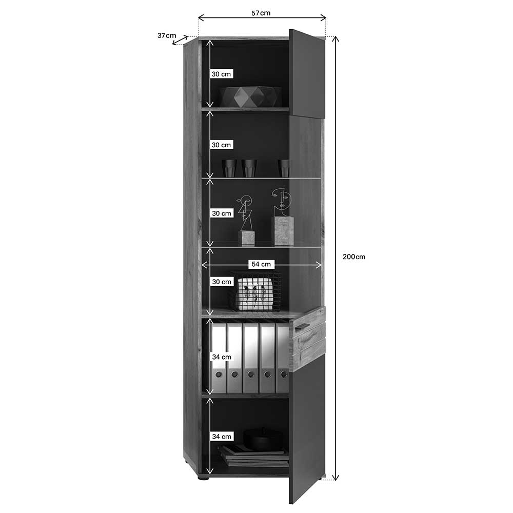 Wohnzimmer Vitrinenschrank in der Größe 57x200x37 cm - Lucios