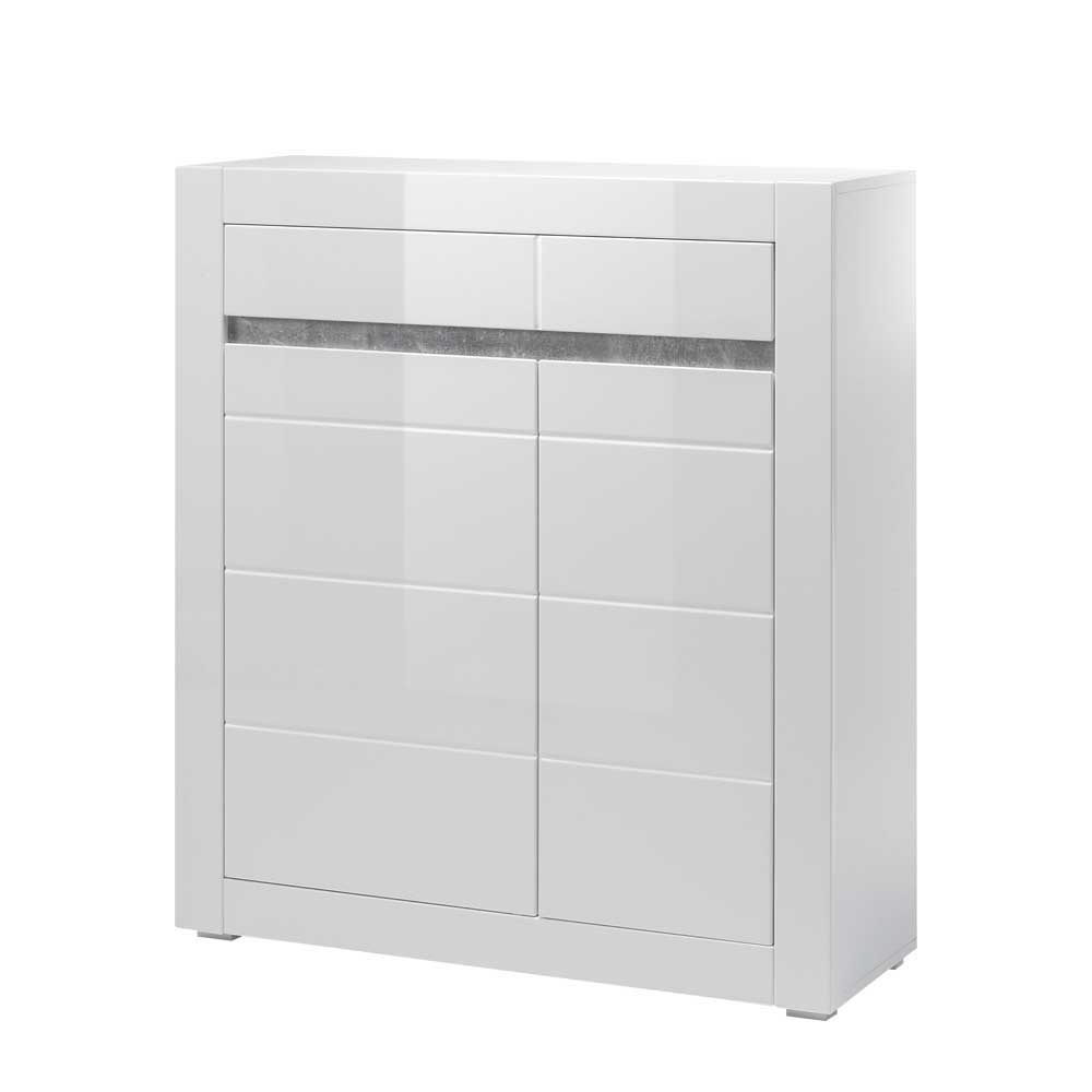 Hochglanz Highboard in Weiß Mextra mit Absetzung in Beton Optik