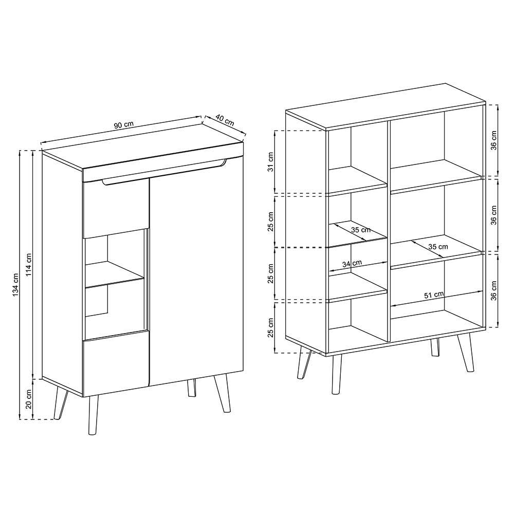 90x134x40 Highboard mit Glaseinsatz 2-türig - Olcian