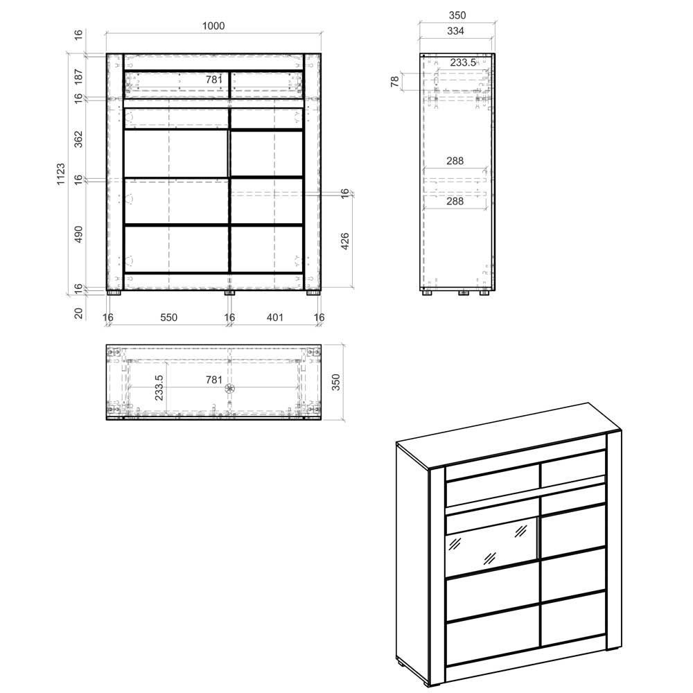 100x113x35 Kommode mit Glaseinsatz - Davio I