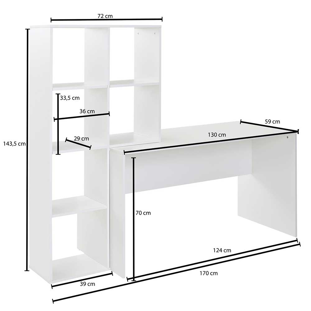 Schreibtisch mit Regal 6 Fächer in Weiß - Intora