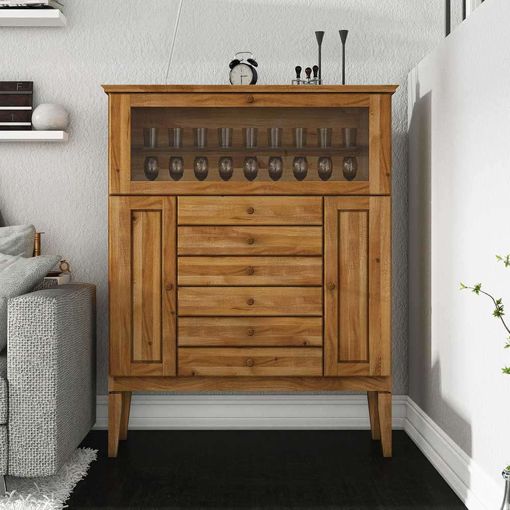 Massivholz Highboard Masdamos mit Glasklappe