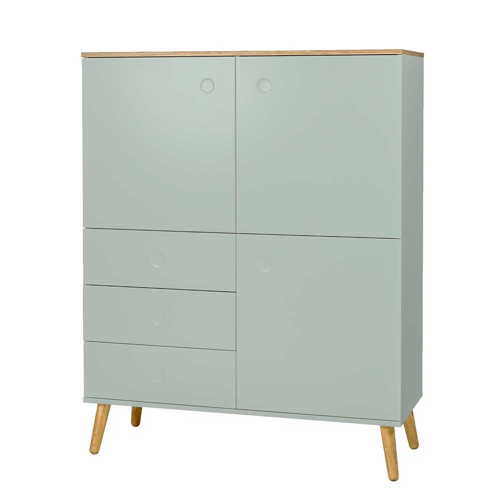 Retro Highboard in hellem Grün Akdova mit Furnier Eiche